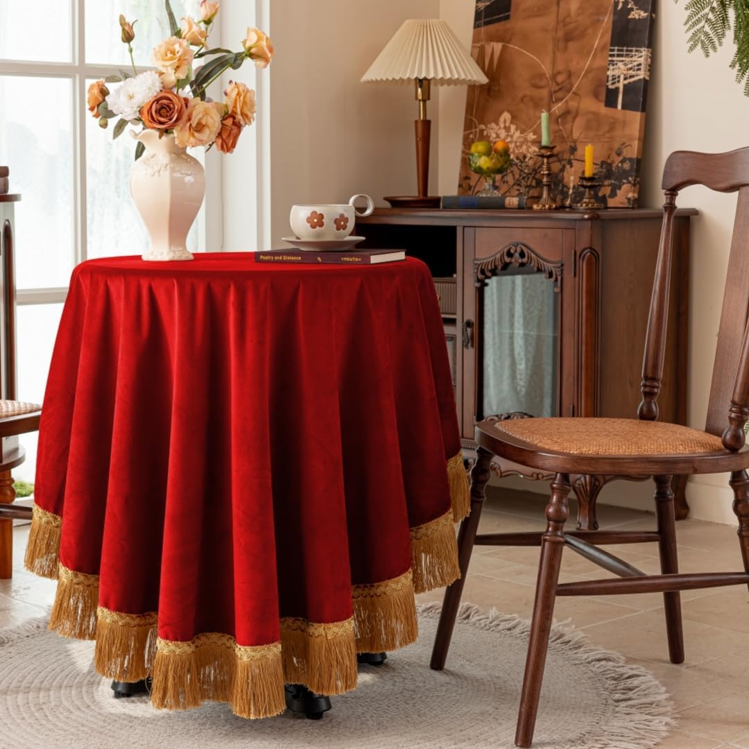 F-CHU Red Tablecloth Thickset Velvet Tablecloth with Beautiful Gold Tassels Vintage Table Cloth for Home Decor Wedding, Party, Banquet and Events 60" Round