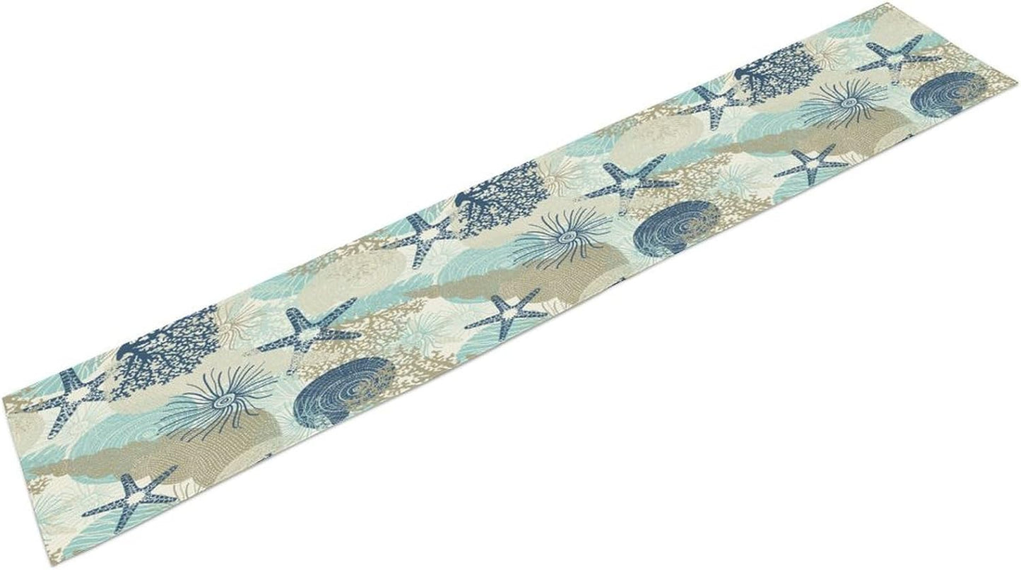 Nautical Coastal Table Runner，Ocean Themed Starfish Coral Conch Beach Kitchen Dinning Table Decoration for Indoor Outdoor Home Party Decor 13x70 Inch