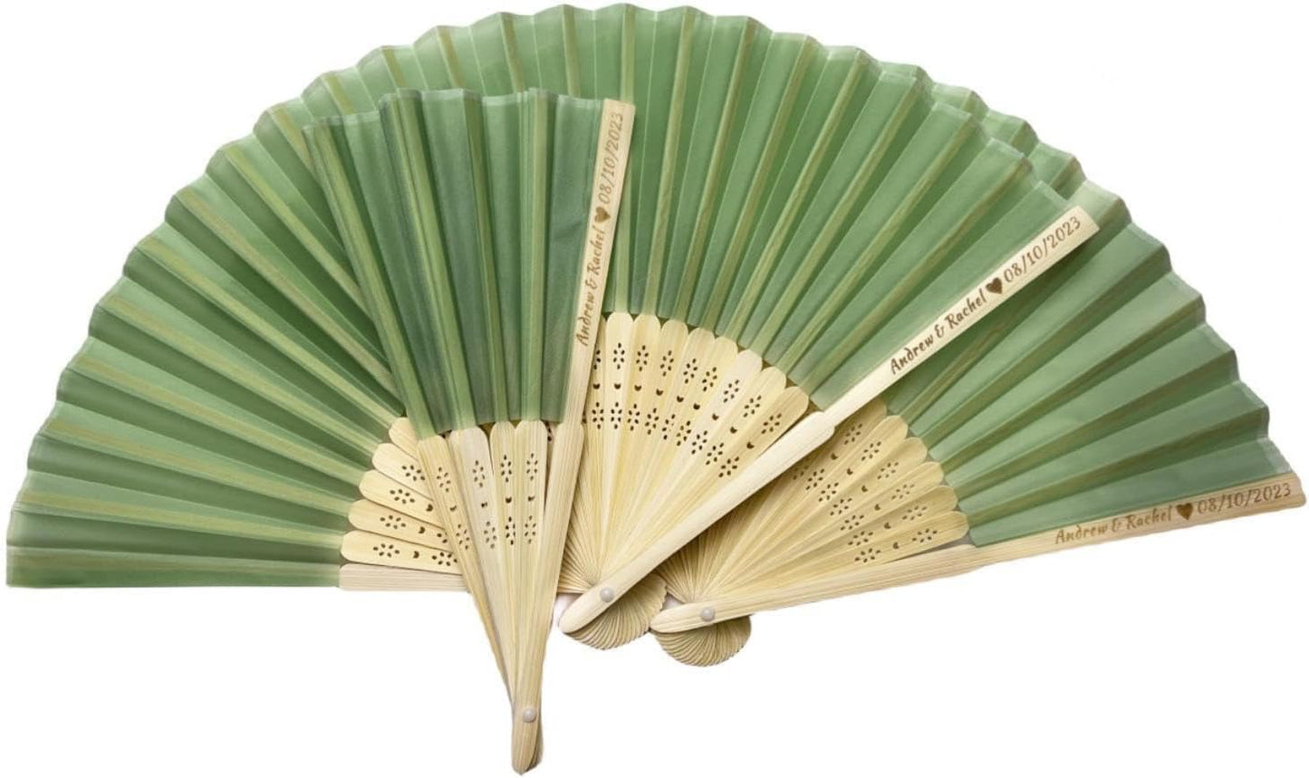 Personalized Wedding Fans Handheld Folding Fans(20Pcs) - Custom Engraved Green Silk Fans for Bridal Shower Favor/Baby Shower Favor, Birthdays Party Gifts/Gifts for Party Guests