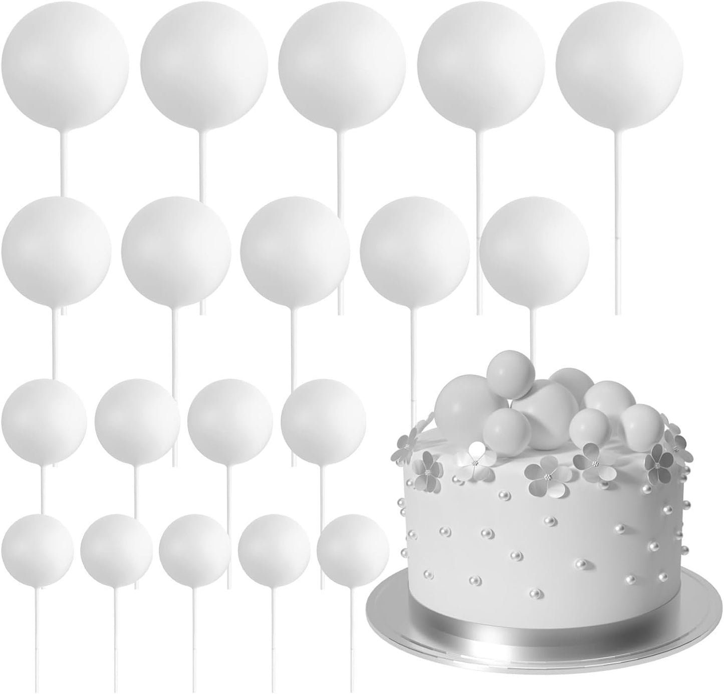 ASTARON 20 Pcs Ball Cake Topper Decorations Mini Balloons Cake Topper Sticks White Balls Cake Picks Cake Topper Balls Cake Decorations for Wedding Birthday Cake Decorations