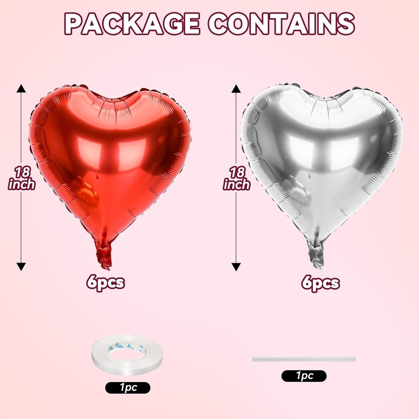 12 Pcs Heart Balloons, 18 inch Valentine's Day Heart Shaped Balloons, Red Silver Foil Helium Balloon, Love Foil Balloon for Valentine's Day Wedding Baby Shower Party Decorations