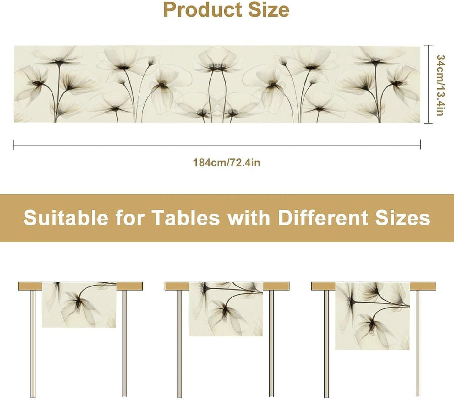 Abstract Floral Table Runner, Watercolor Transparent Beige Poppy Flowers Print Kitchen Dinning Table Runner for Indoor Outdoor Home Wedding Party Holiday, 13x120 Inch