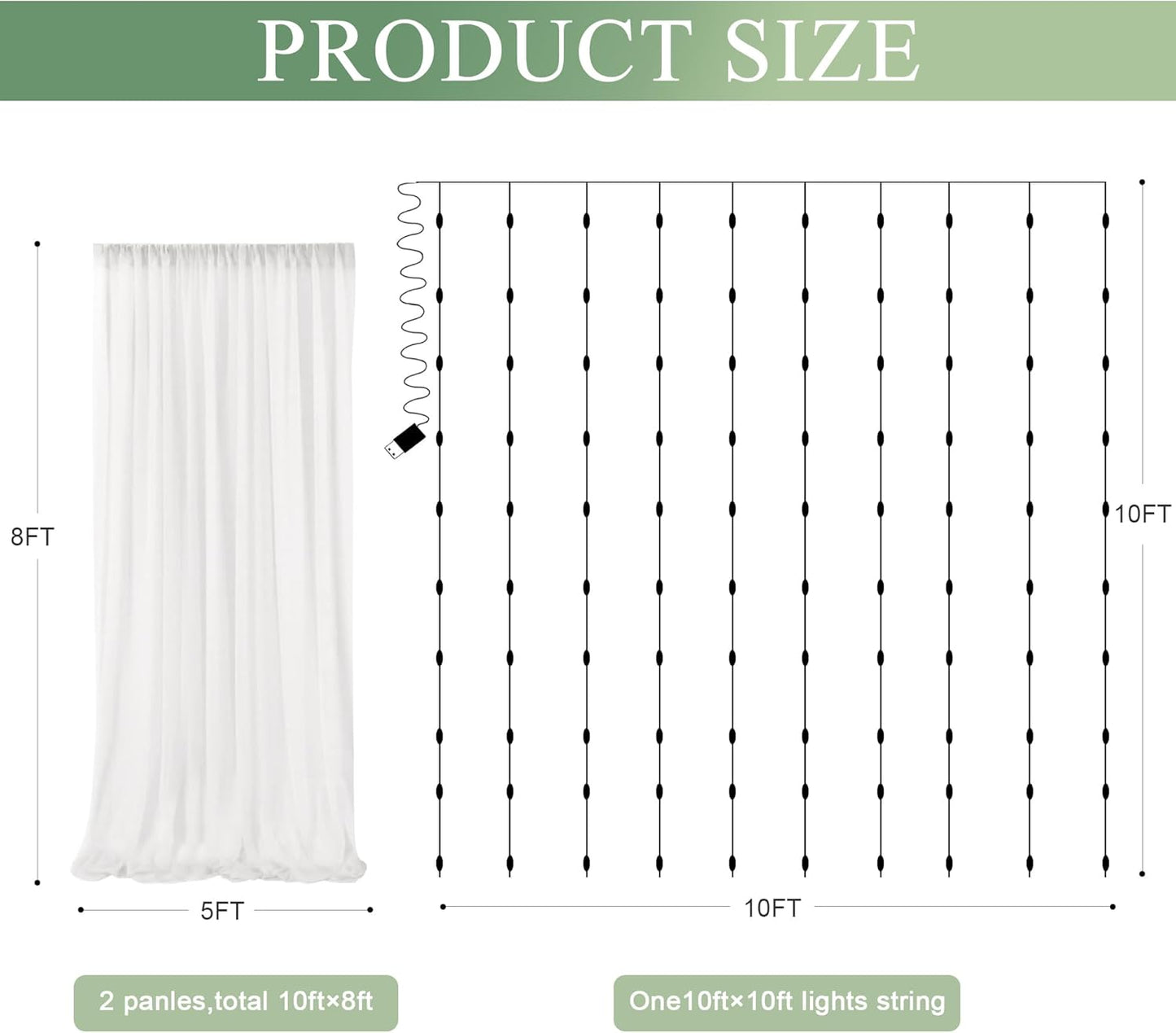Tulle Backdrop Curtain with Lights String 10FT X 8FT Ivory Sheer Tulle Backdrop Curtains for Wedding Birthday Party Reception Photo Booth Background Decorations (2 Panels 5x8FT)