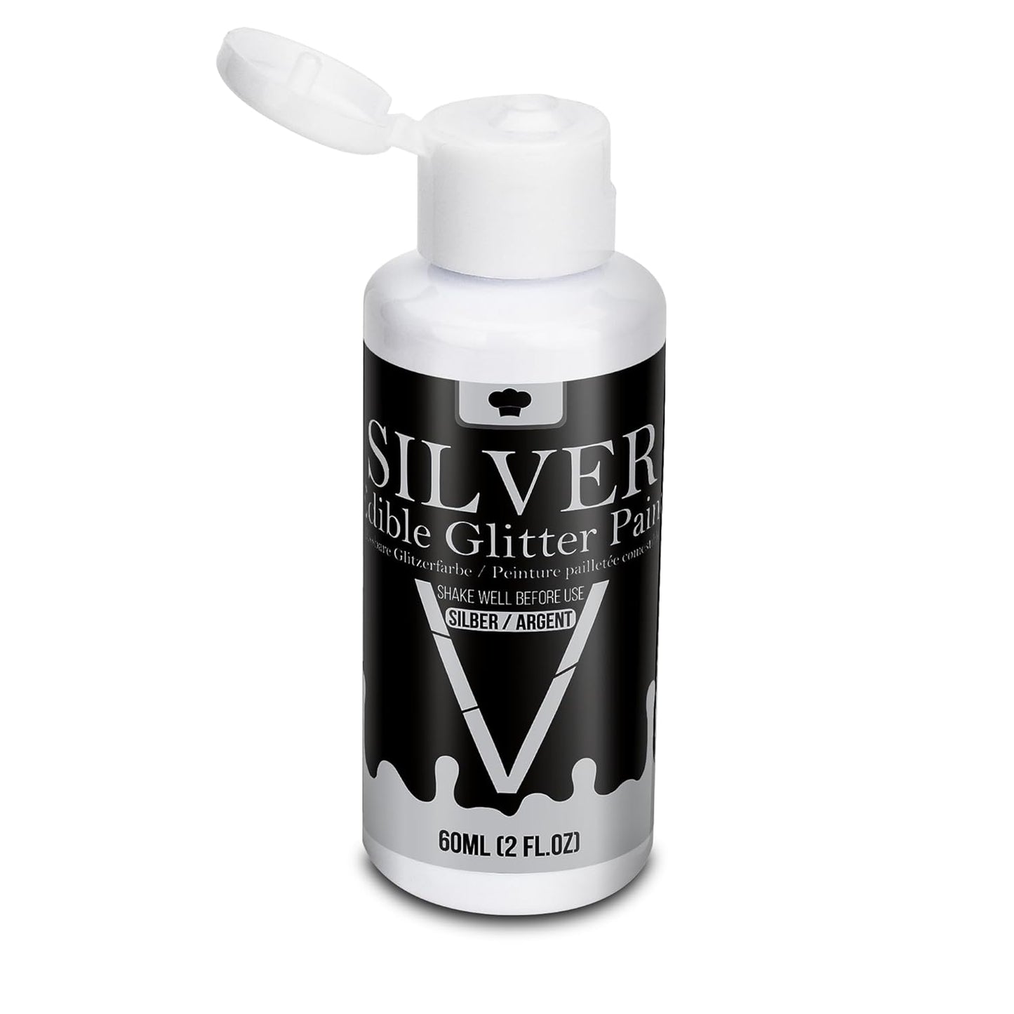 Edible Silver Glitter Paint - 2 fl.oz / 60ml Food Safe Edible Paint for Cake Decorating, Chocolate, Cocktail, Cupcakes - Silver Edibles Glitter Liquid Luster Dust for Halloween Candy, Drinks, Baking