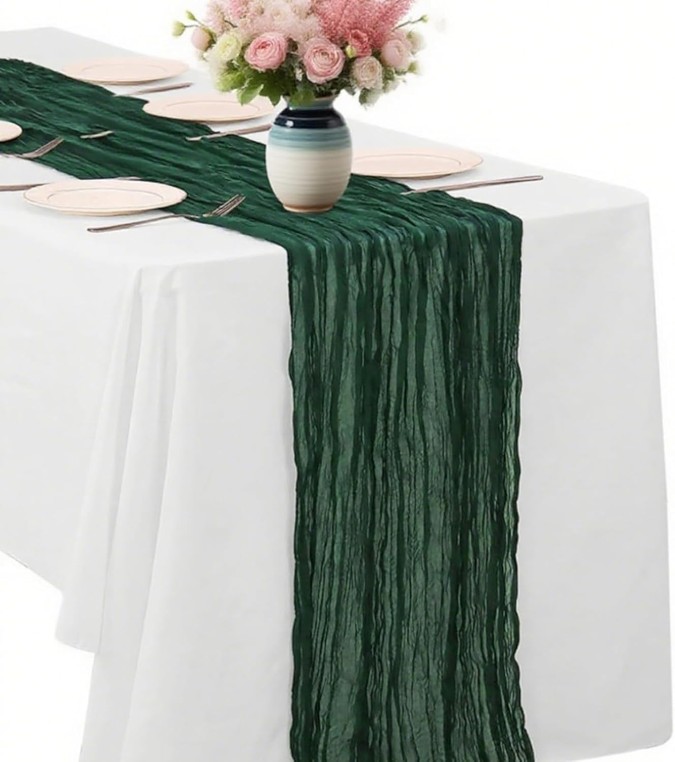 Blackish Green Cheesecloth Table Runner -21*120Inch Long Boho Wedding Table Decor, Rustic Gauze Fabric Runner for Bridal Showers, Baby Showers & Parties (Sheer, Lightweight, Wrinkled Design)