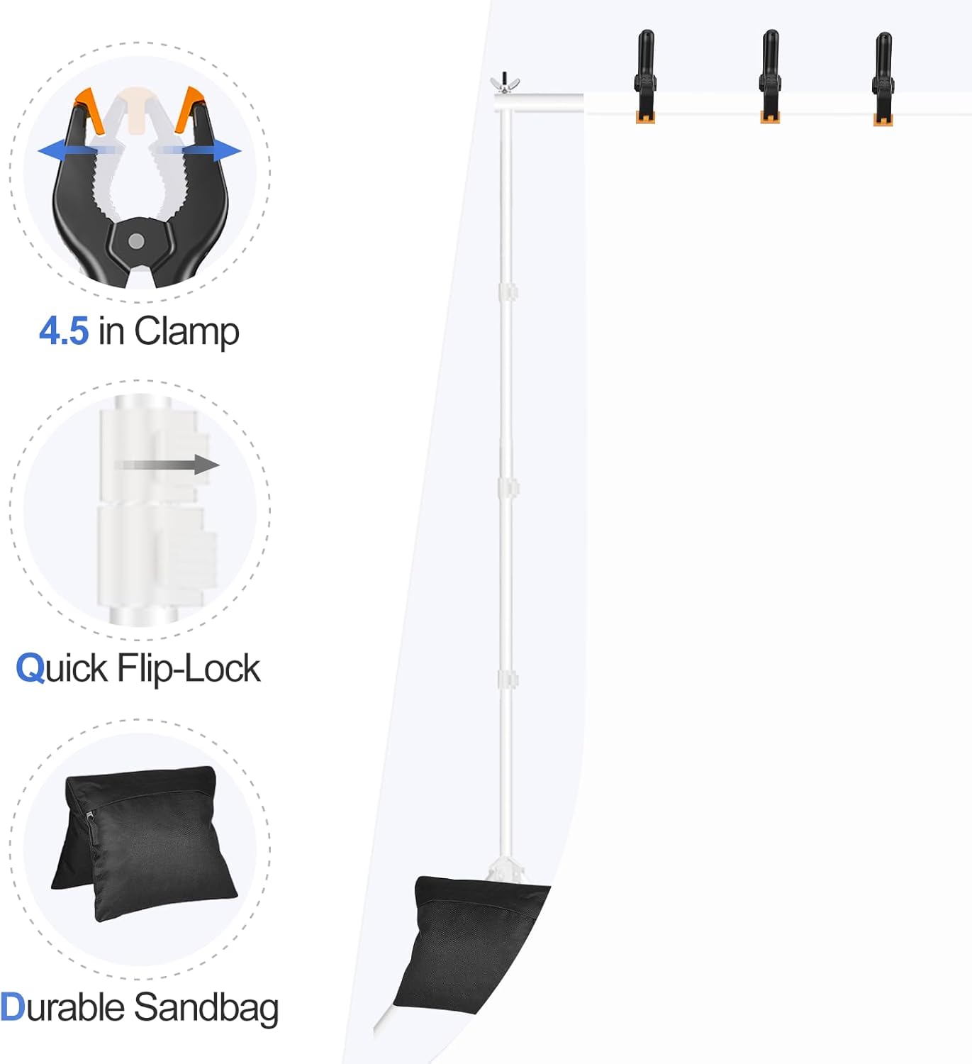 EMART Backdrop Stand 10x10ft(WxH) Photo Studio Adjustable Background Stand Support kit with 2 Crossbars, 8 Clamps, 2 Sandbags and Carry Bag for Parties, Events Decoration, Wedding, Photography -White