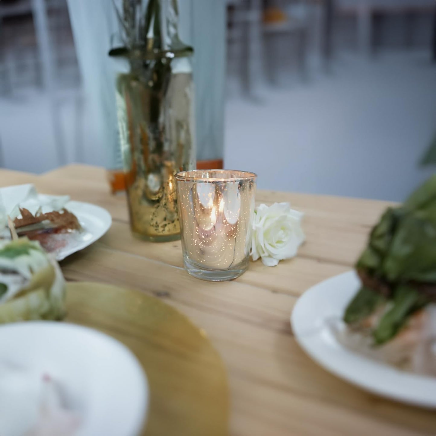 WGV Silver Speckled Tea Light Votive Candle Holder 2.2x2.75, Small Tiny Utility Cylinder Mercury Glass Vase, Home Accent Decor, 6 Pieces