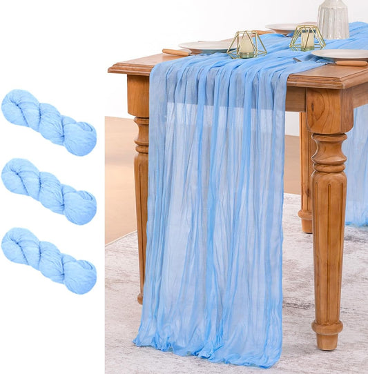 MLMW 3 Pack Light Blue Cheesecloth Table Runner Boho Gauze Rustic Cheese Cloth 160 inch Sheer Baby Blue Coastal Table Runner 13.3ft for Wedding Party Baby Bridal Shower Birthday