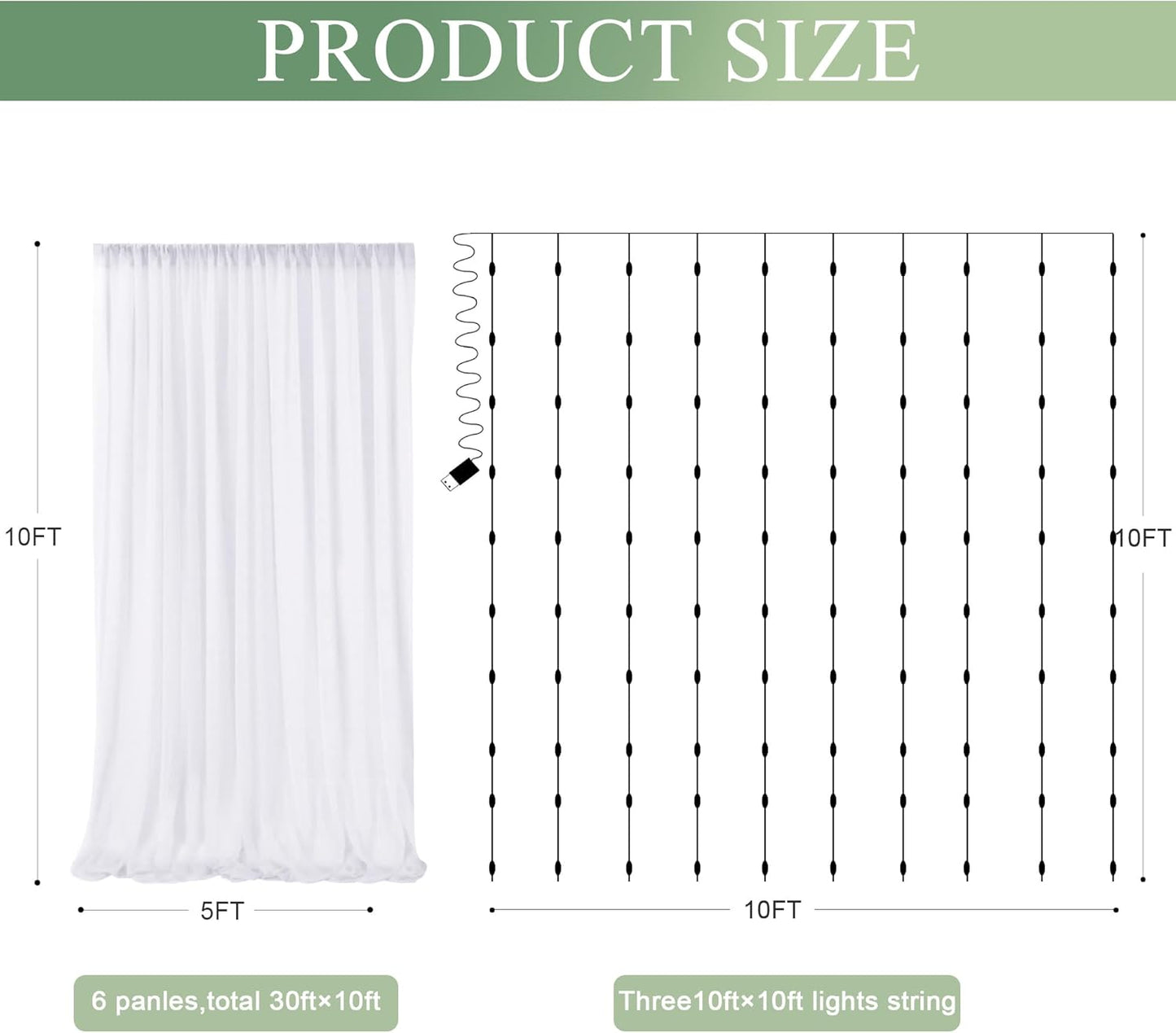 Tulle Backdrop Curtain with Lights String 30 X 10FT White Sheer Tulle Backdrop Curtains for Wedding Birthday Party Reception Photo Booth Background Decorations (6 Panels 5x10FT)