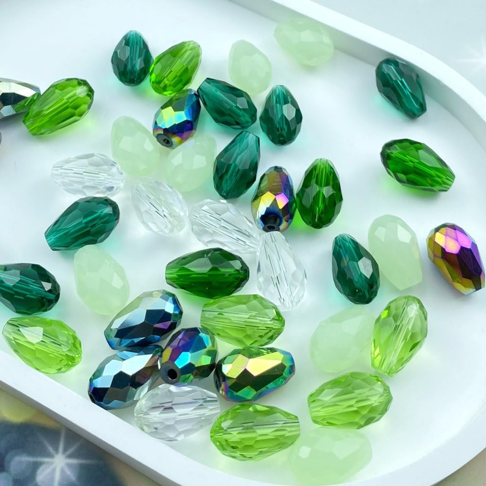 200pcs 3x5mm Teardrop Crystal Glass Beads Vertical Hole Faceted Loose Spacer Beads for DIY Craft Jewelry Making Necklace Bracelet Earring Wind Chimes(Green Series)