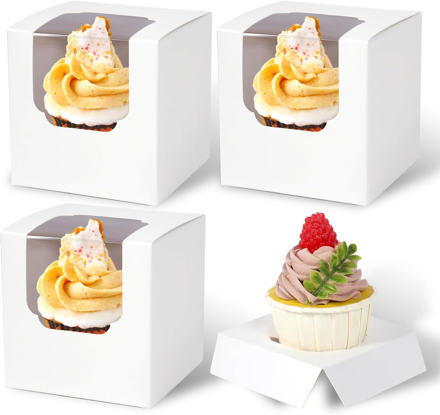 JCD 120 Packs Individual Cupcake Box White with Insert, 3.5" Cupcake Containers Single with Insert and Window for Hot Cocoa Bombs and Cookies, Pre-Assembled for Wedding Birthday Party (White/120Pcs)
