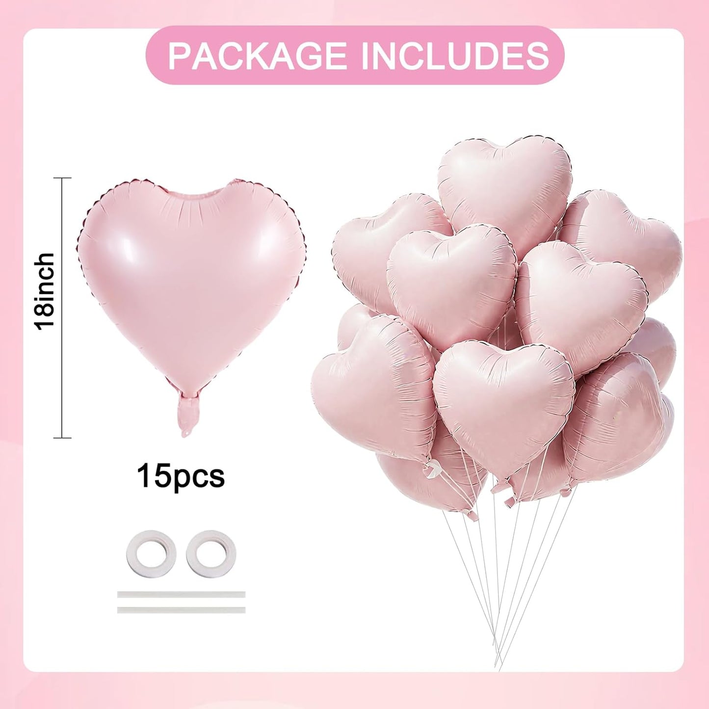 TONIFUL 15Pcs 18 Inch Baby Pink Heart Balloons Pastel Pink Heart Shape Foil Mylar Balloons Decoration for Birthday Valentine's Day Wedding Bridal Shower Anniversary Engagement Party Supplies