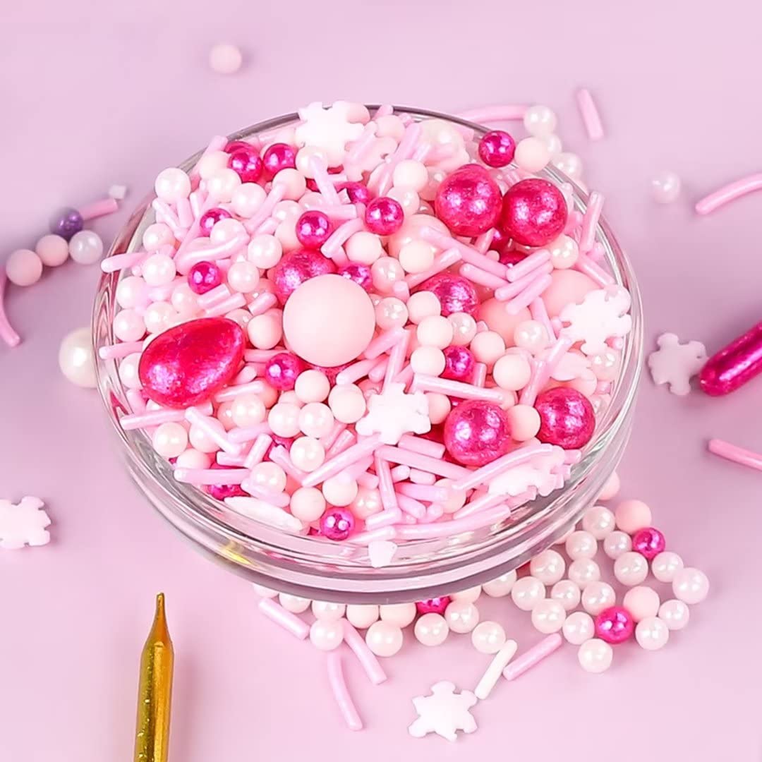 Pink Sprinkles for Cake Decorating 7oz - Snowflake Sprinkles - Metallic Sprinkle Mix for Cookies, Ice Cream, Cupcakes Topper - Rose Gold Sprinkles for Princess Bridal Shower Wedding Party