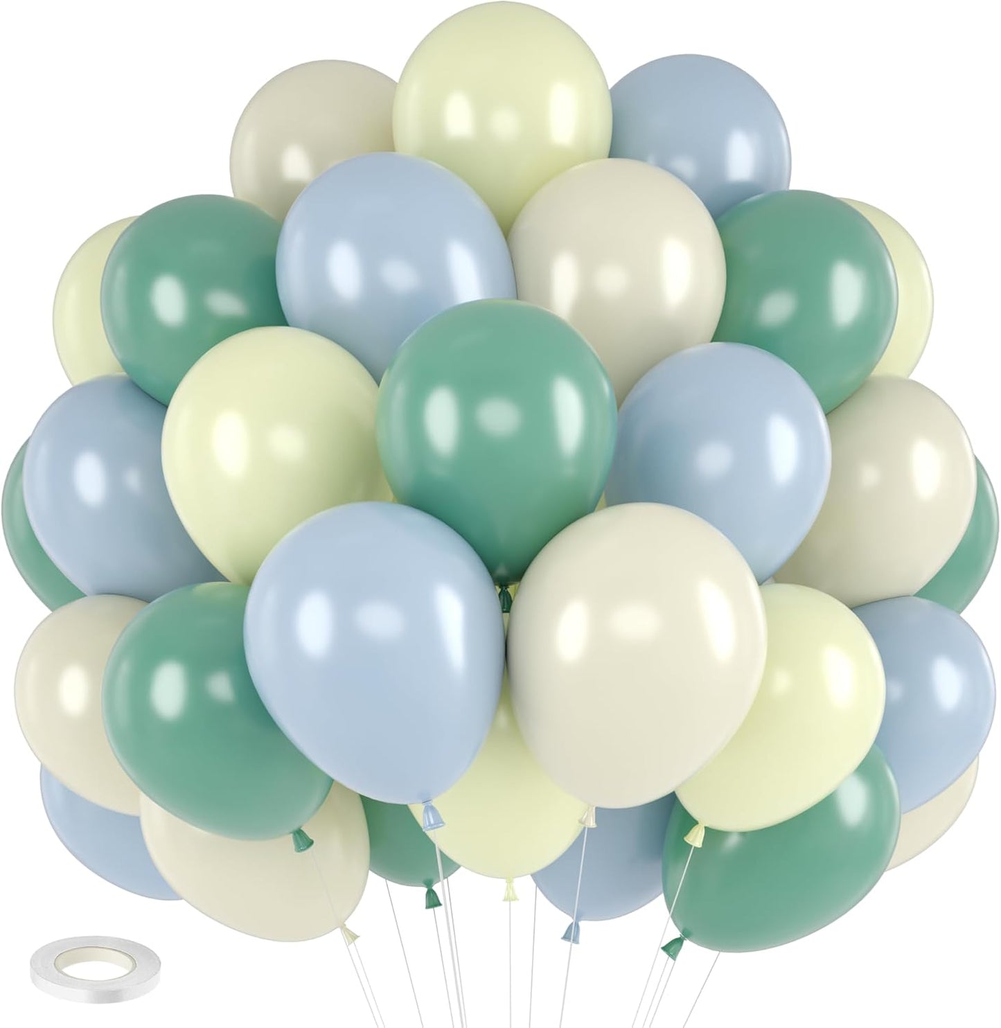 Sage 52 PCS 12 Inch Multi-Colored Balloons for Birthday Parties - Includes Blue, Green, Yellow, Dusty Blue, Bean Green, Sand, White, Maca, Yellow Latex Balloons