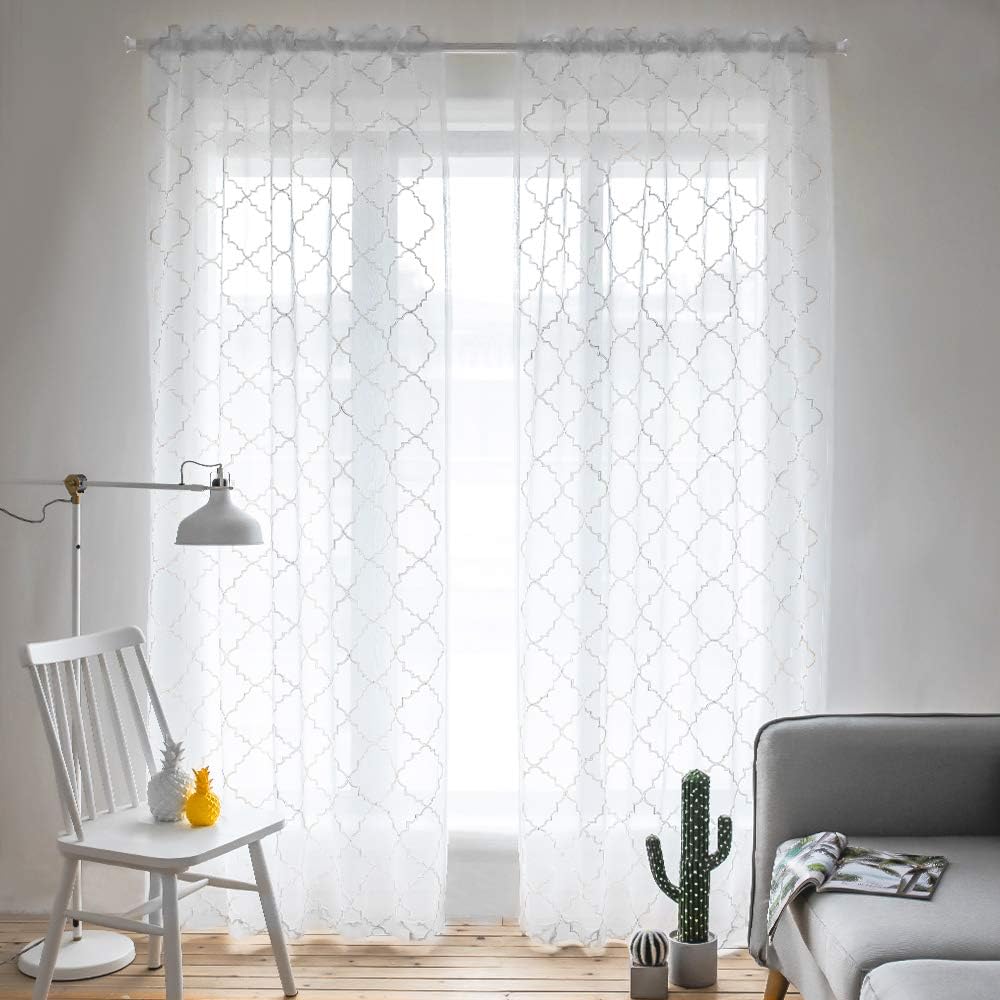 MYSTIC-HOME Sheer Curtains White 95 Inch Length, Rod Pocket Voile Drapes for Living Room, Bedroom, Floral Semi Crinkle Curtain Panels for Yard, Patio, Villa, Set of 2, 52"x 95".