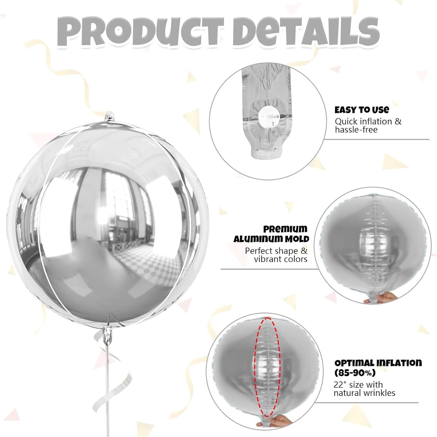 Giant 4D Foil Balloons, 6Pcs Large Metallic Silver Round Balloons, 22 Inch Big Round Foil Balloon for Silver Birthday Party Baby Shower Wedding Decorations