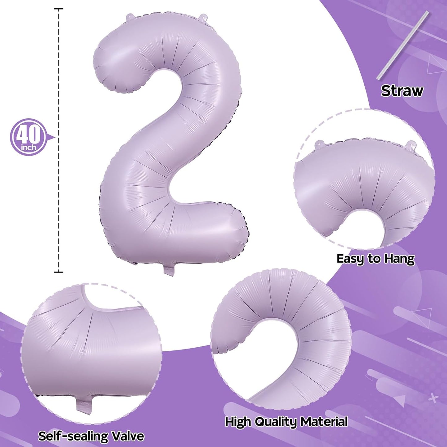 Light Purple 2 Balloons, 40 Inch Giant Lilac Helium Mylar Foil Number 0-9, Pastel Dusty Purple 2nd Birthday Balloon for Girls, Morados Numero Two Balloons for Women Anniversary Party Decorations