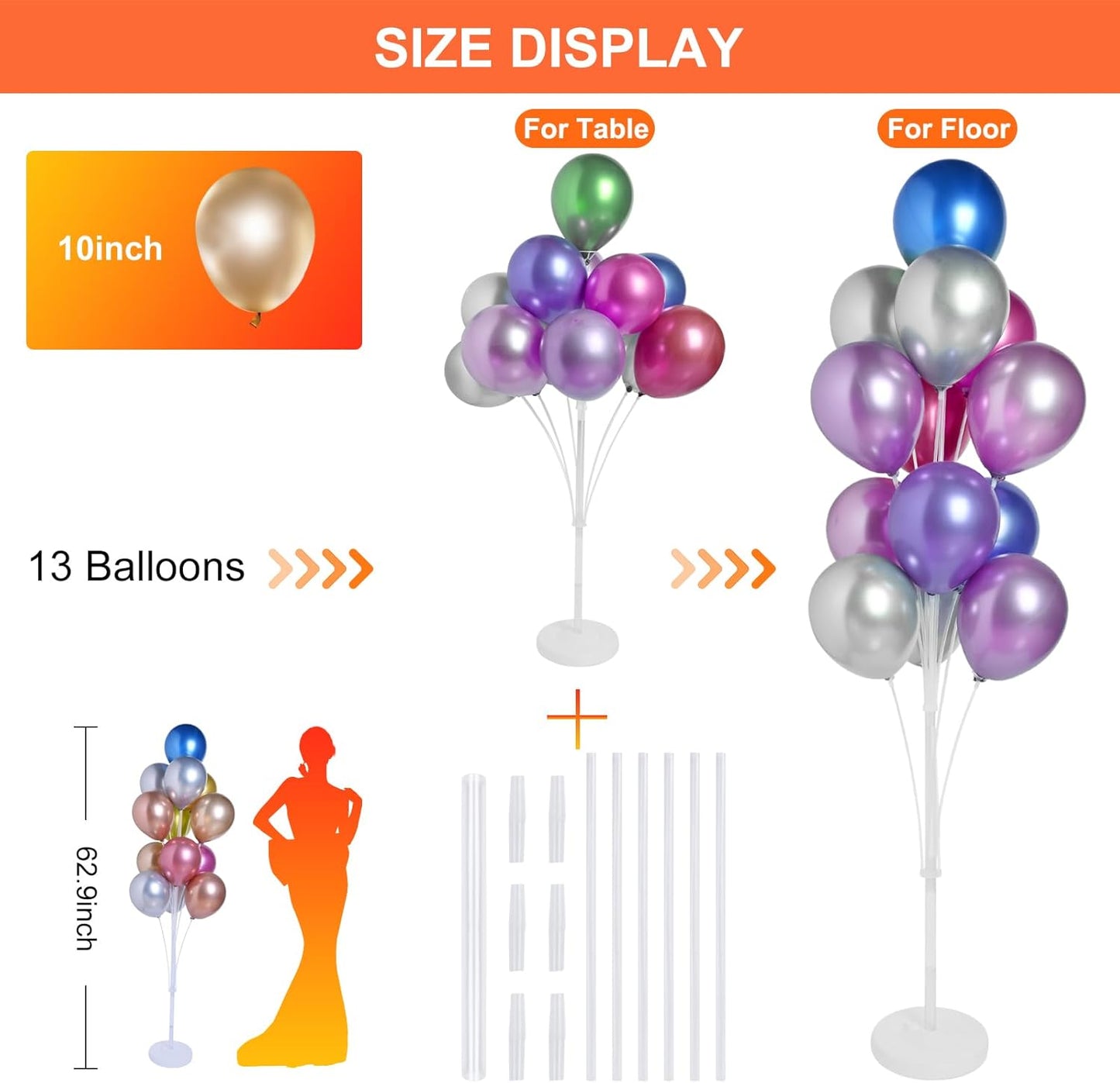 2 Sets of Balloon Stand Kit - 62in Balloon Stands with Base, Balloon Sticks, Decorations for Party Birthday Wedding Baby Shower Gender Reveal Graduation