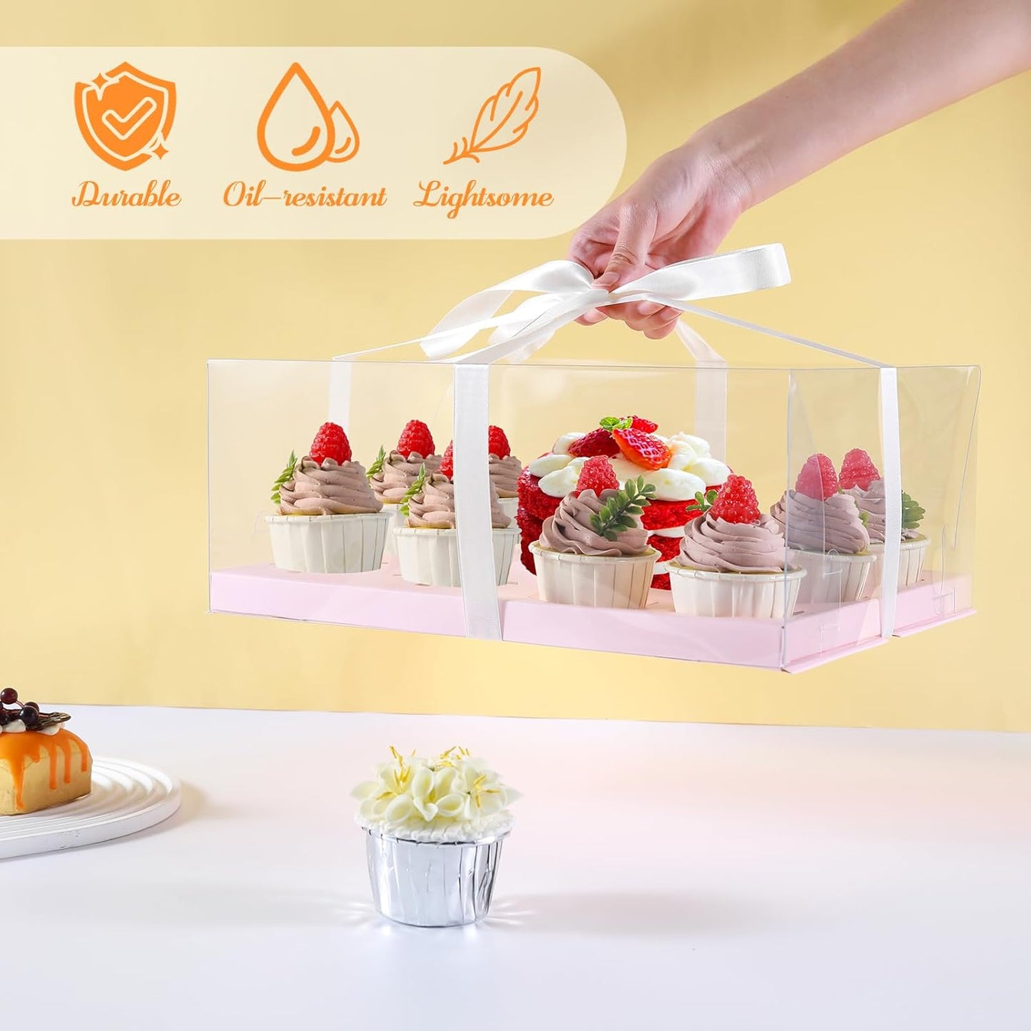 JCD 3 Pcs Pink Cake and Cupcake Combo Bento Boxes with Clear Lid Fit 8 Cupcake and 1 Mini Cake for Valentine Wedding Birthday Party Bakery Supplies(Pink 1+8/3Pcs)