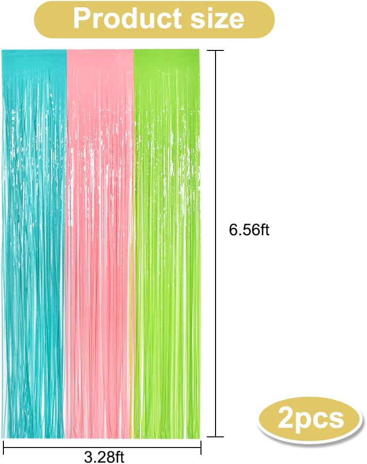 BEISHIDA 2Pcs Blue Pink Green Door Streamers Pastel Colors Foil Fringe Curtains Photo Backdrop for Wedding Party Birthday Stage Bridal Shower Decor(3.28 ft x 6.56 ft)