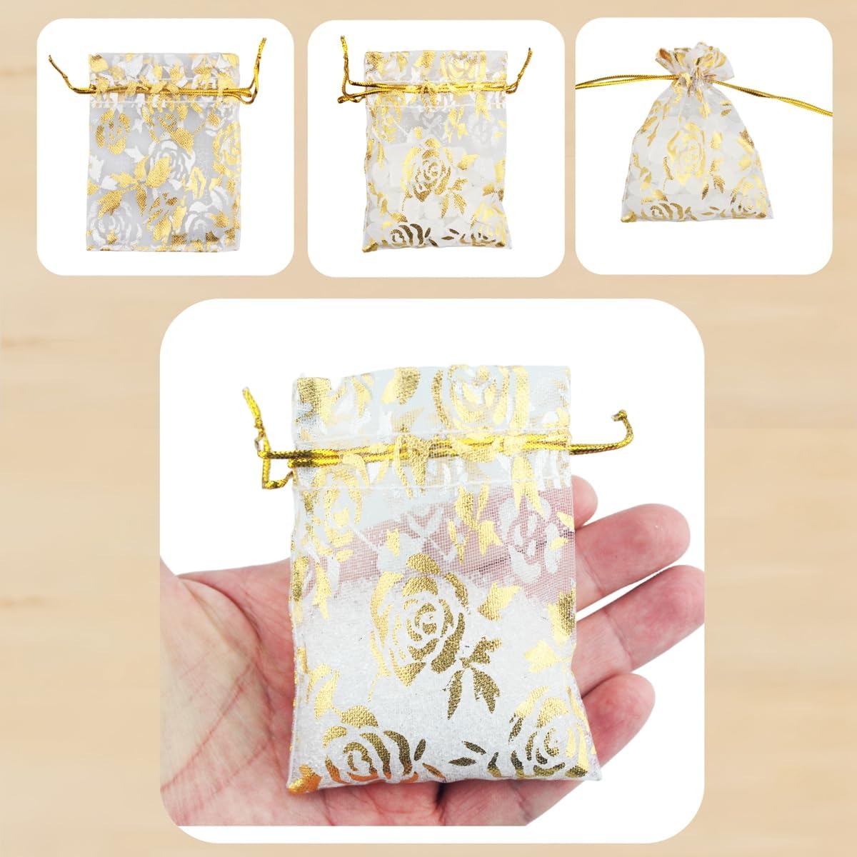 QIANHAILIZZ 100 Pack 2.8 x 3.5 Inch Flower Heart Organza Jewelry Gift Pouch Candy Pouch Drawstring Wedding Favor Bags B511S (white gold flower)