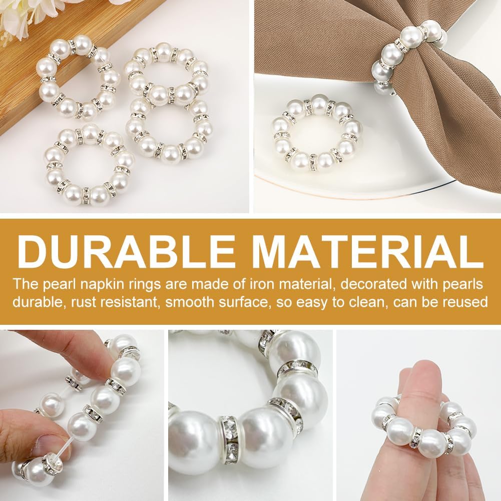 30Pcs Pearl Napkin Rings, Round Napkin Buckles Wedding Beaded White Napkin Rings Silver Napkin Ring Holder for Formal Dinner Reception Party Banquet Table Decor (Sliver)