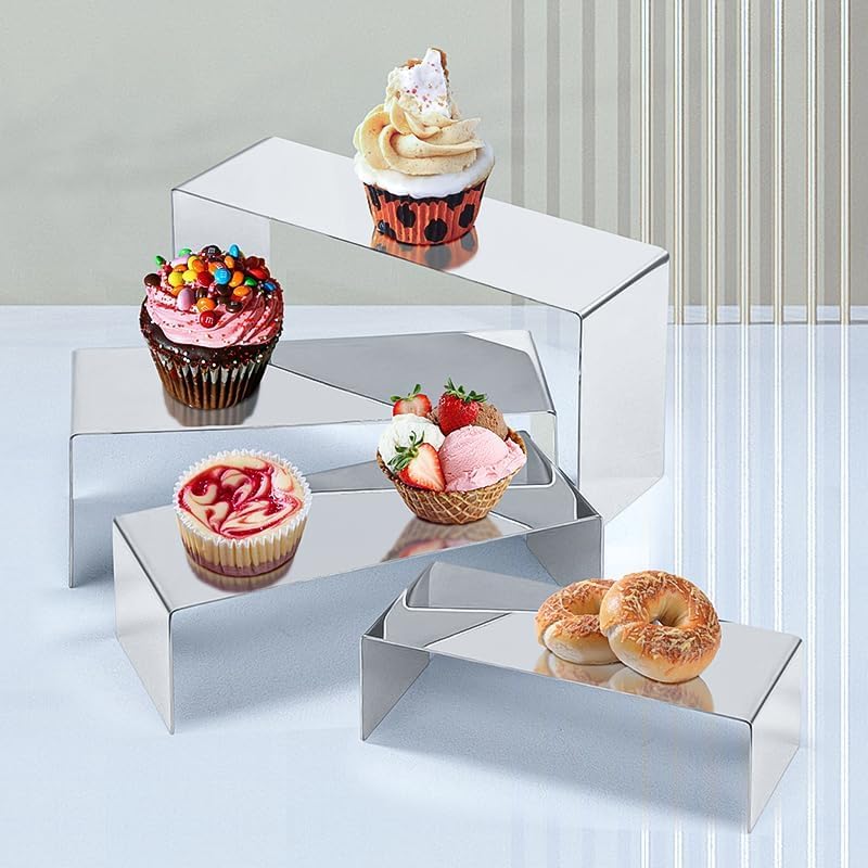 4 Pcs Silver Stainless Steel Display Risers, Display Stand for Display Cupcake Dessert Perfume Purse Handbag Shoe Jewelry and Funko Pop