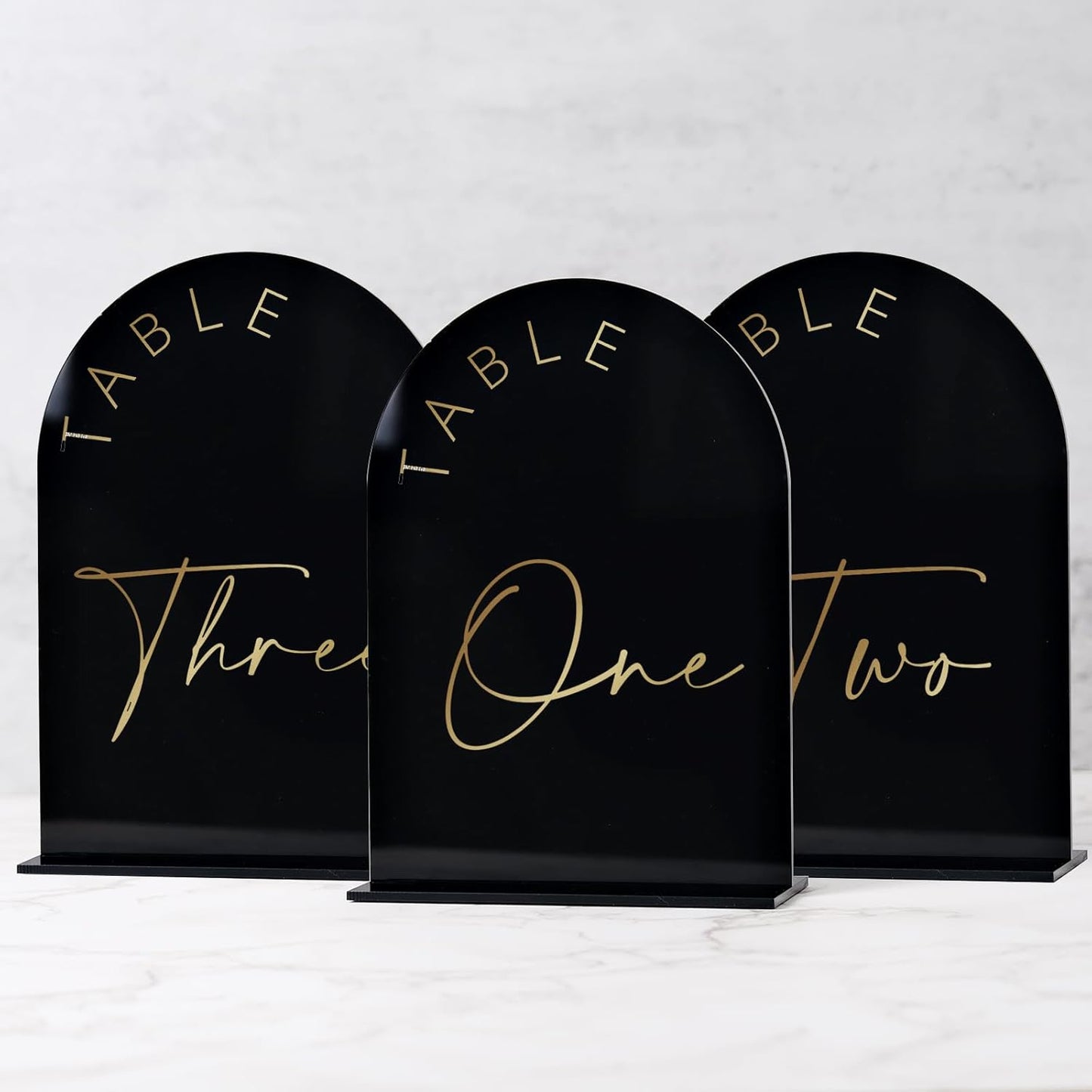 Black Arch Wedding Table Numbers 1-25 with Stands, 5x7 Inch Arch Acrylic Sign Black and Gold Lettering, Arch Acrylic Table Numbers for Wedding Reception