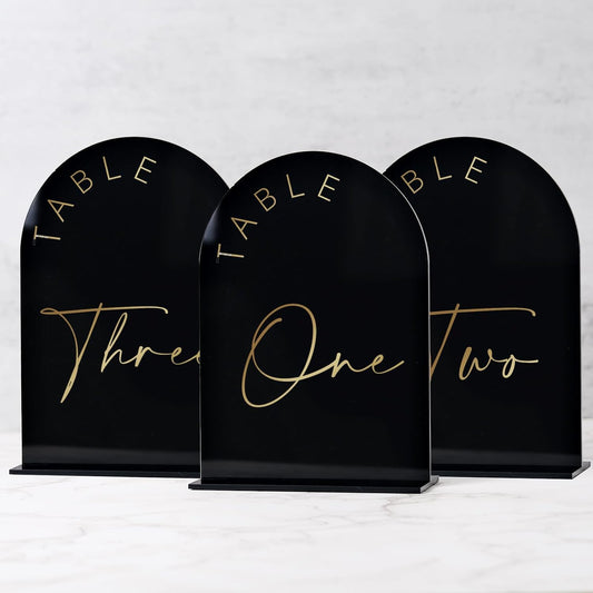 Black Arch Wedding Table Numbers 1-25 with Stands, 5x7 Inch Arch Acrylic Sign Black and Gold Lettering, Arch Acrylic Table Numbers for Wedding Reception