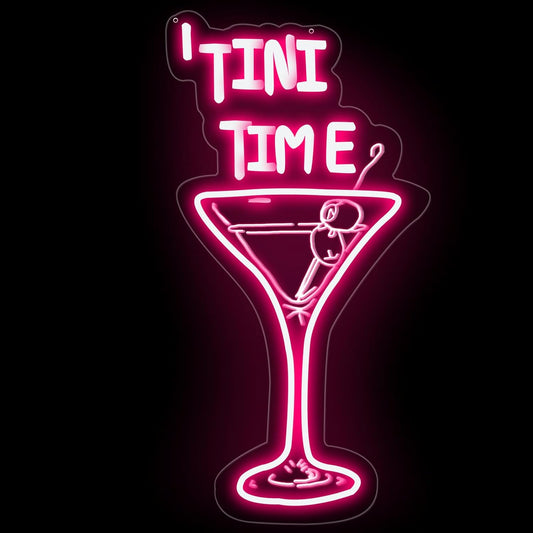 Tini Time LED Neon Sign, Martini Neon Sign for Bars, Elegant Cocktail Glass Neon, Martini Cocktail Bar Wall Decor, Bar Wall Art, Pub neon, 16.5"x8.7", Pink