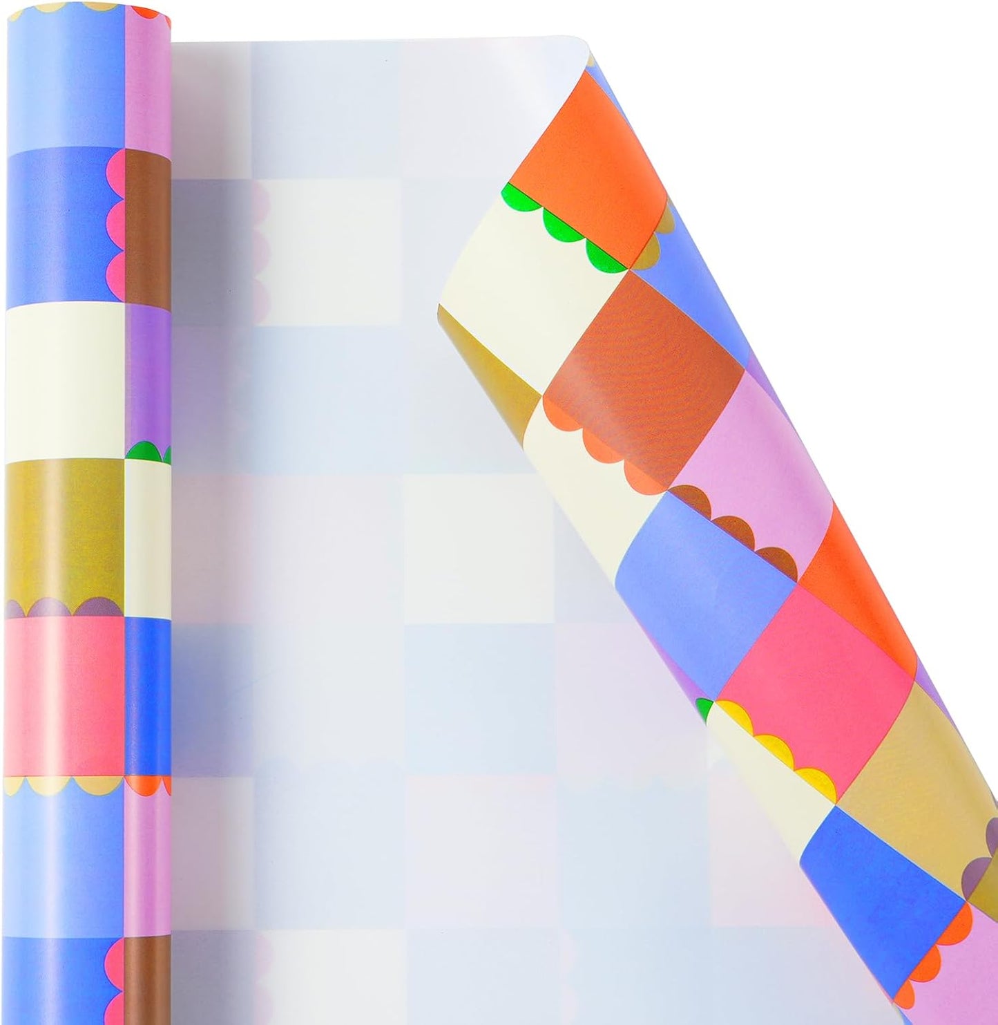 Ulmasinn Color Block Wrapping Paper Roll - 17 Inches x 33 Feet - for Girls Boys Kids, Colorful Square Patterned Gift Wrapping Paper with Scalloped Edges for Birthday Party, Holidays, Weddings