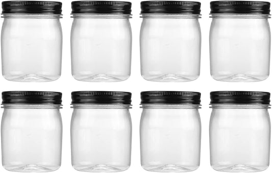 novelinks 8 oz Clear Plastic Jars with Screw-On Lids - BPA-Free Refillable Storage Containers for Slime, Spices, Crafts, Kitchen & Home Organization (8 Pack,Black)