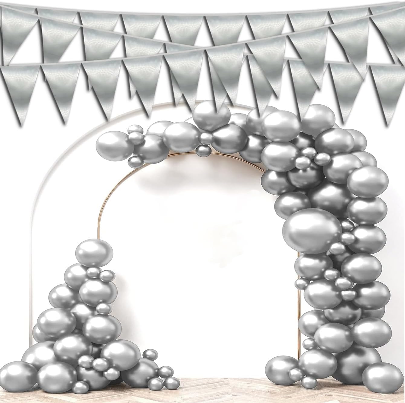 40M/130FT Silver Triangle Pennant Banner Flag Metallic Fabric Bunting Garland for Christmas Graduation Wedding Engagement Anniversary Bachelorette Birthday Bridal Shower Valentines Hen Party Supplies