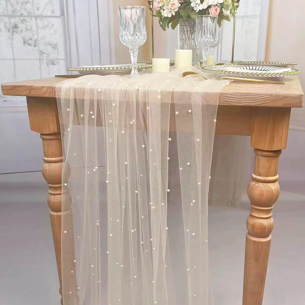 EHLDekol Pearl Table Cloth Elegant Polyester Table Runner with Artificial Pearl Accents Extra Long 10 ft 60 x 120 Inches Pearl Tulle Table Runner for Wedding (60inch Width,Champagne, 4Packs)