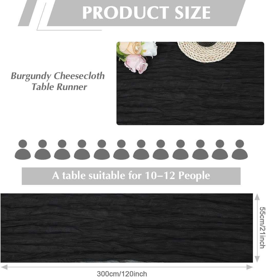 Black Cheesecloth Table Runner -21*120Inch Long Boho Wedding Table Decor, Rustic Gauze Fabric Runner for Bridal Showers, Baby Showers & Parties (Sheer, Lightweight, Wrinkled Design)