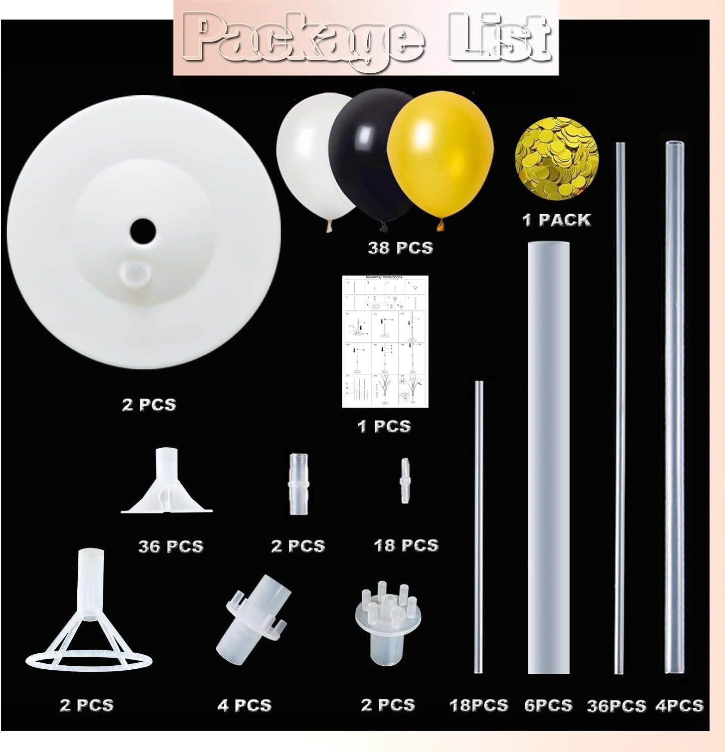 Balloon Column Kit Set of 2 With Confetti Balloons Included - with Base, and Pole,Balloon Tower Backdrop Decoration for Wedding, Baby Shower, Birthday Party, or Bachelorette Parties (Black Gold)