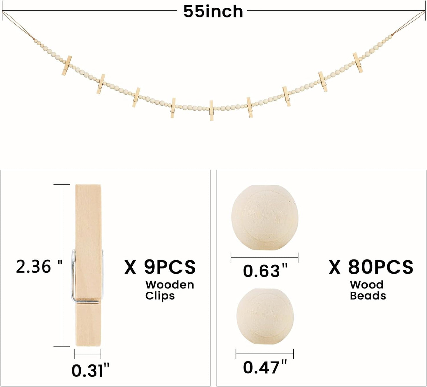 Hanging Photo Display Wall Decor, 2PCS Boho Wooden Bead Garland Collage Picture Frame with 9 Wood Clips for Bedroom, Living Room, Office, Dorm Decor, Photos Holder Teen Girl Gifts