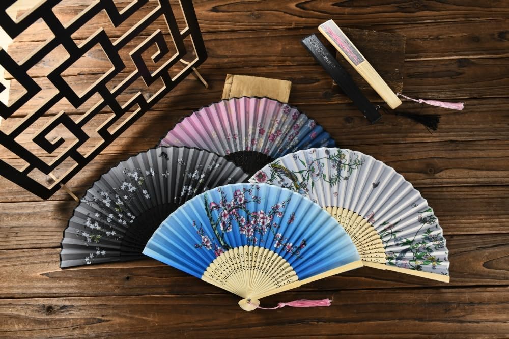 HUNANBANG 4 Pieces Oriental Bamboo Folding Hand Fans Church Wedding Gift, Party Favors, DIY Decoration Gift Size 8 1/4" Wholesale 10pack (Bamboo Assorted 4pack)