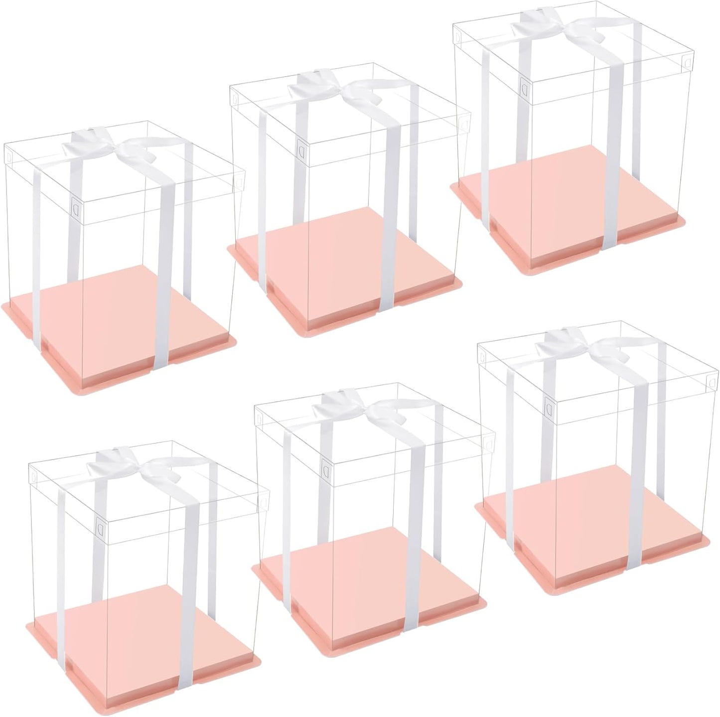 XININSUN pink clear cake box with ribbon,6inch 8inch cake boxes,transparent cake box cake carrier,Square Cardboard Cake Containers clear gift boxes for Wedding,Birthday,Party(6pcs)
