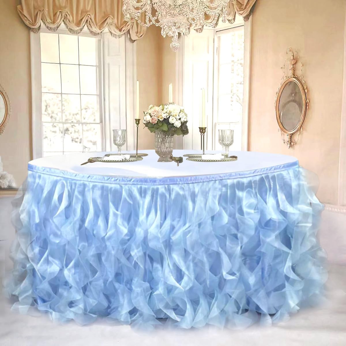 Luxury Organza Mesh Table Skirt Draping Floating Romance - Perfect for Bridal Showers, Birthday Weddings - Clear Flowing Decoration for a Wonderful Main Cake Table (Sky Blue-6ft, 72" L×30" H)