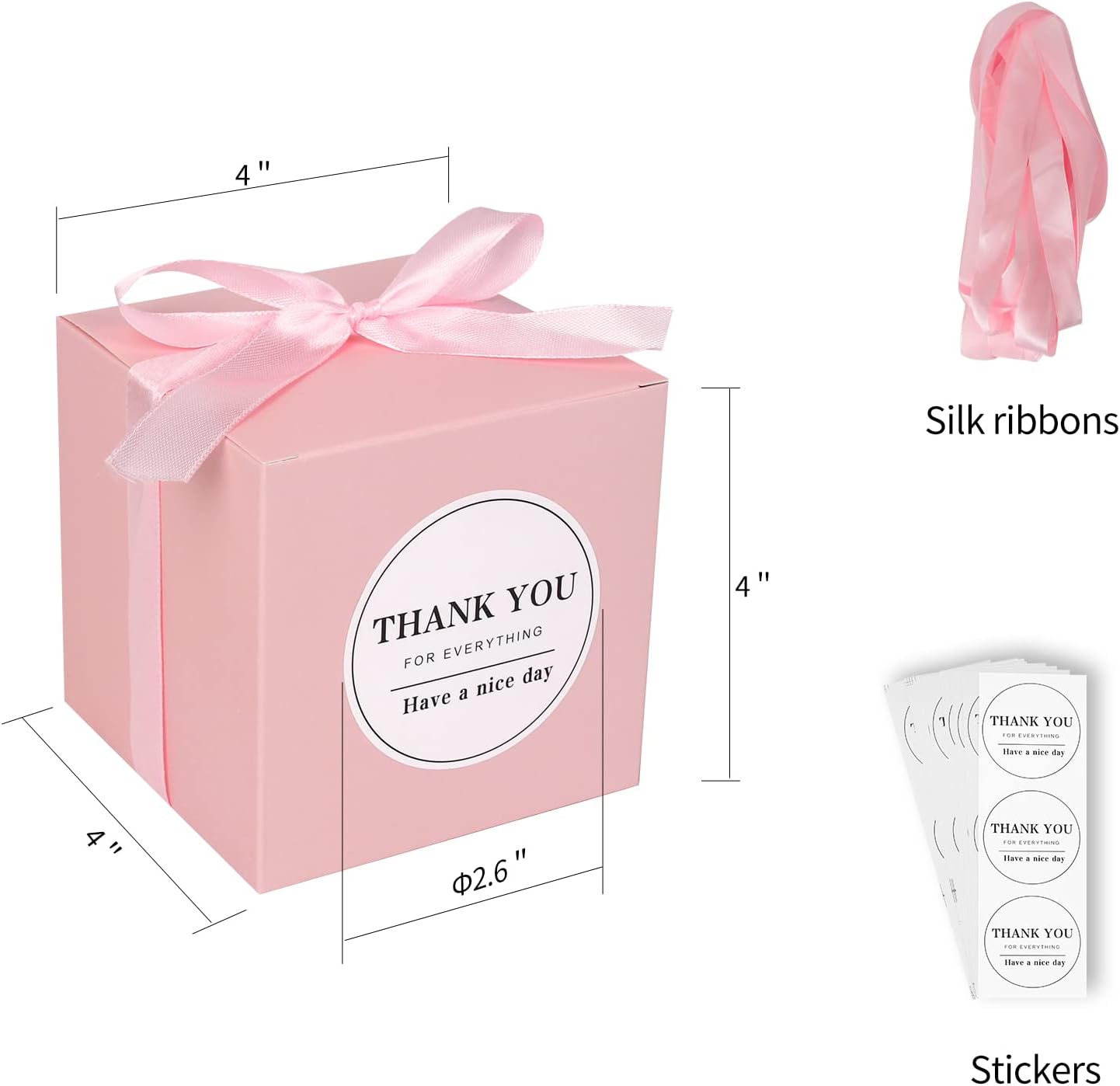 COTOPHER Small Gift Boxes 100 Pack 4x4x4 inches Pink Gift Boxes with Lids for Gifts, Crafting, Wedding Party Favor, Cupcake Boxes, Candy, Bridesmaids Proposal Box with Ribbons and Stickers (Pink, 100
