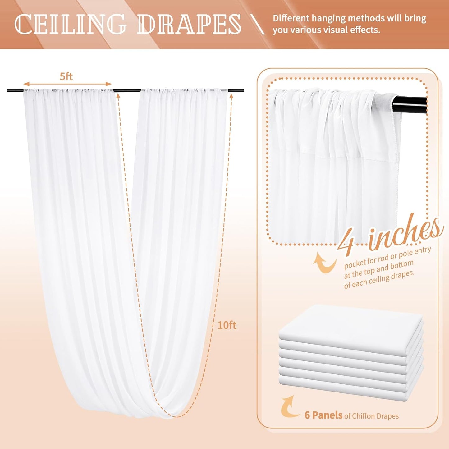 6 Panels White Ceiling Drapes for Wedding 5ftx10ft Sheer Drapery Chiffon Fabric Arch Draping Curtains for Party Ceremony Birthday Baby Shower Reception Stage Ceiling Decorations