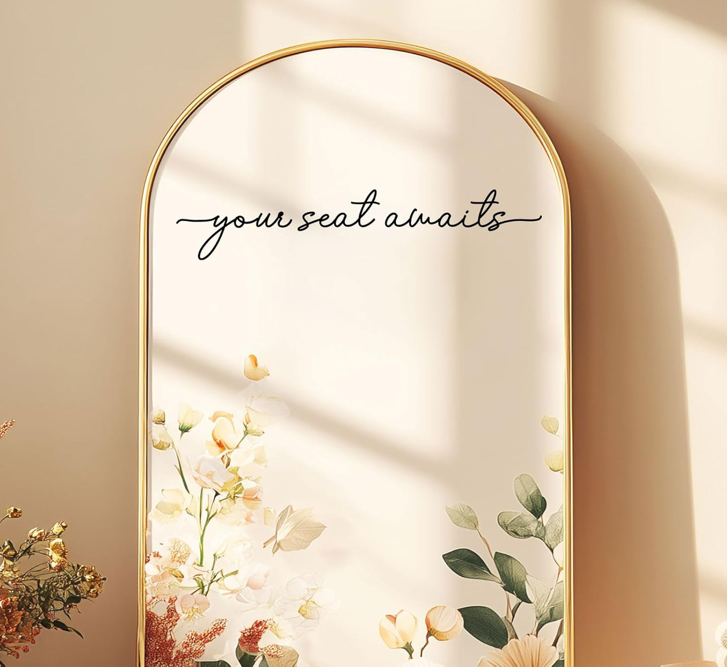 Your Seat Awaits Vinyl Decal, Wedding Seating Sticker, Mirror Decal for Seating, Please Find Your Seat Signs, Wedding Decor Sign (Black, Width 20")