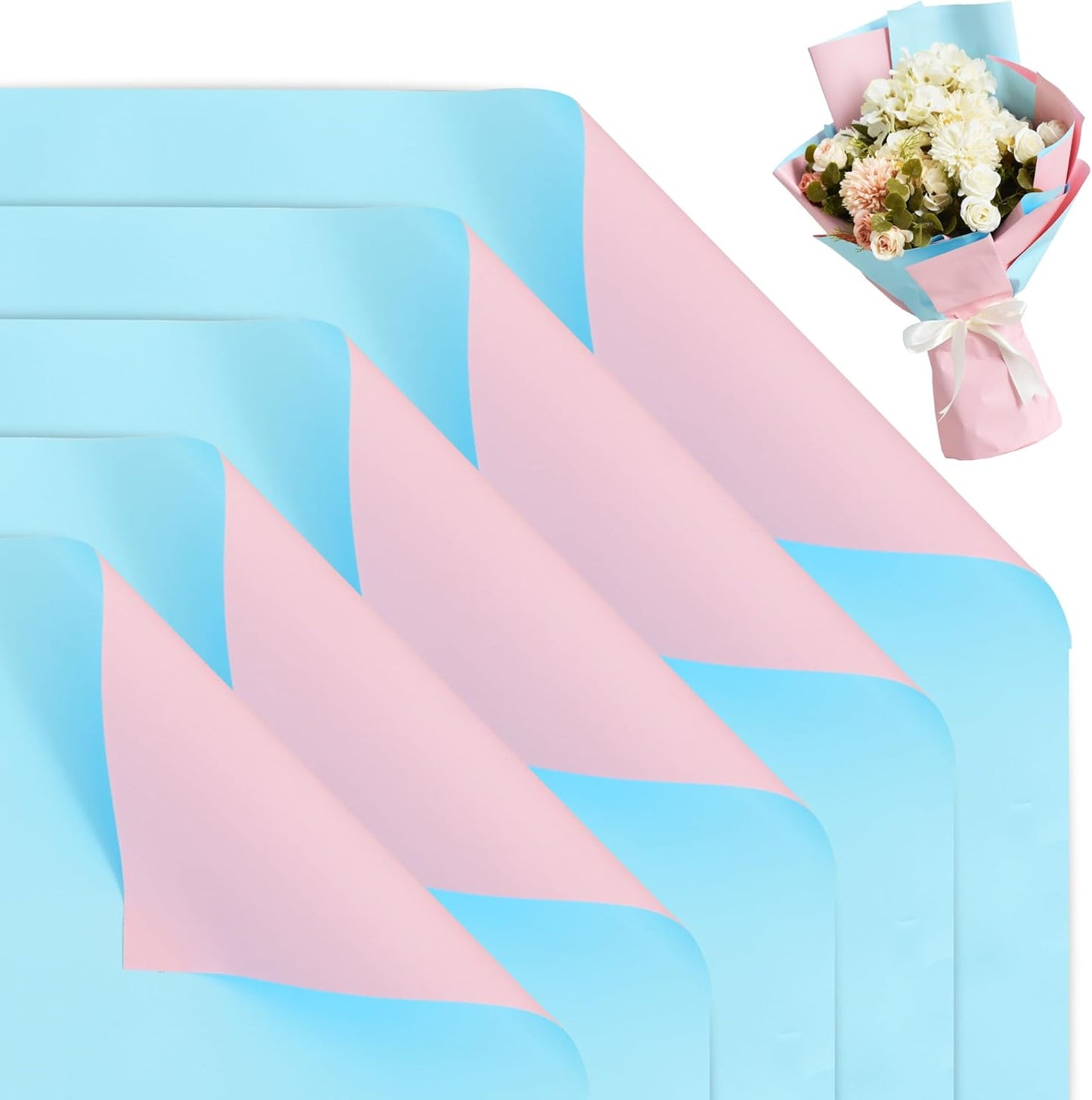 BEISHIDA 20Pcs Baby Blue and Baby Pink Double Sided Floral Wrapping Paper Matte Waterproof Flower Bouquet Wrapping Paper for Floral Wrap Florist Packing Supplies Valentine's Christmas Gift Wrapping