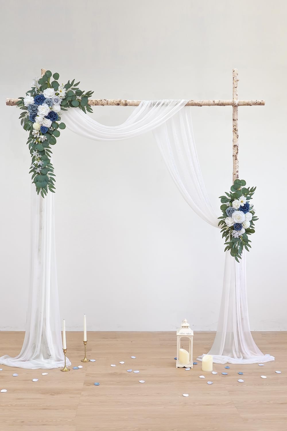 Dusty Blue Artificial Wedding Arch Flowers Kit (Pack of 3) with 26Ft White Shiny Arch Draping Fabric for DIY Wedding Party Ceremony Reception Backdrop Floral Decoration