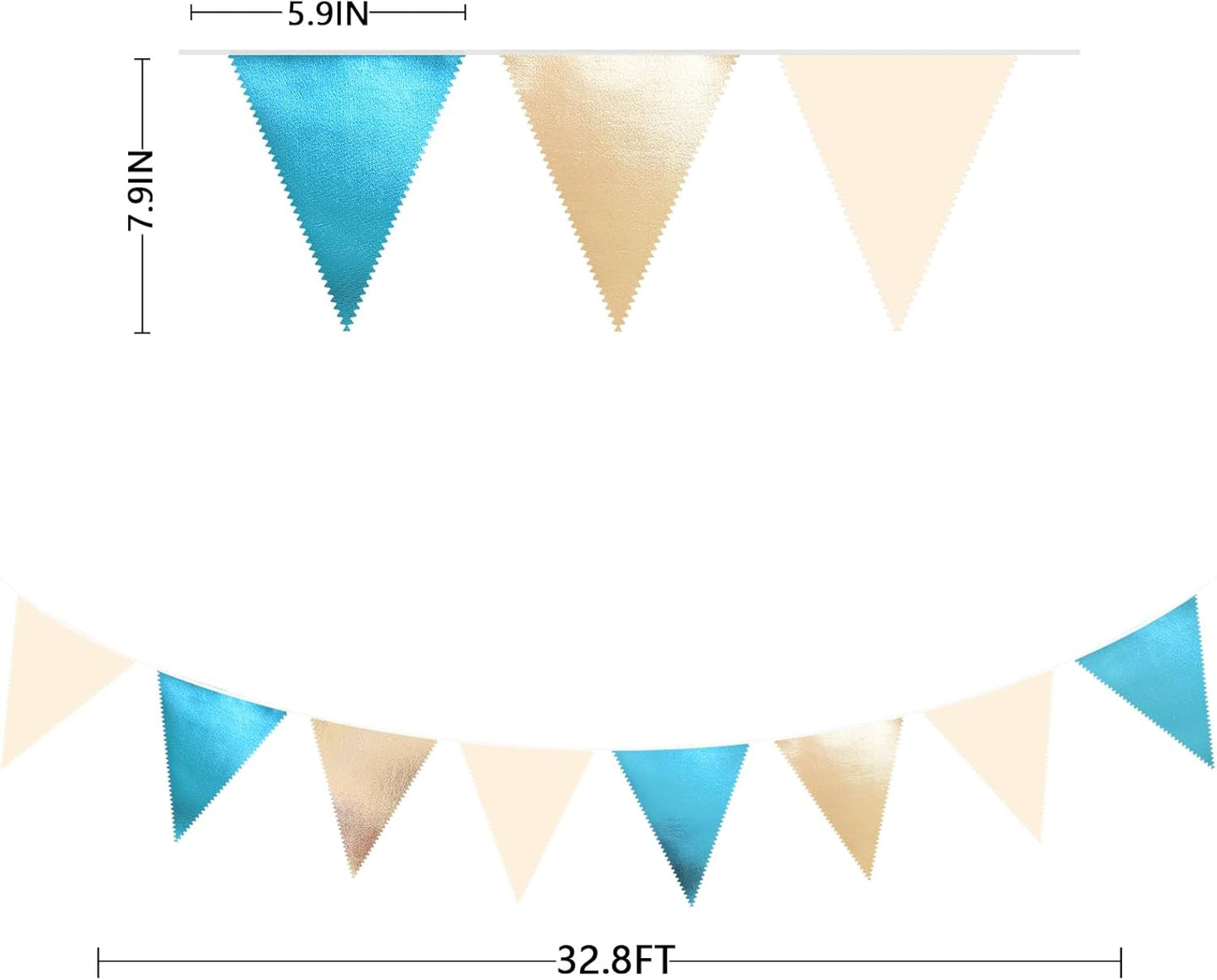 Champagne Gold Sky Blue Beige Decorations Metallic Fabric Triangle Pennant Banner Bunting Flag Garland for Birthday Baby Shower Engagement Wedding Graduation Bridal Shower Party Decorations Supplies