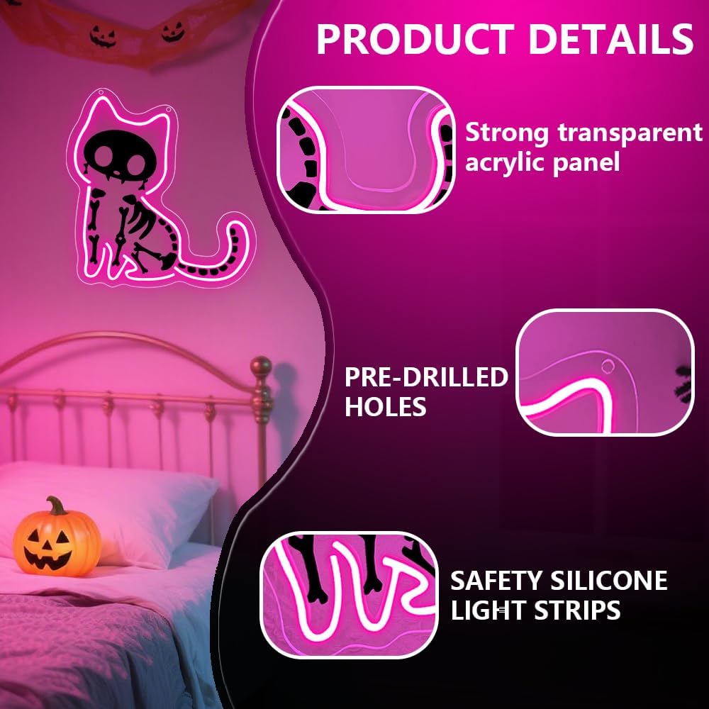 Cat Neon Sign,Pink Dimmable LED Light Signs for Wall Art Decor,Halloween Backdrop for Bedroom Club Party,Animal Gift for Boys Girls Teen USB Powered（11.8"*11.6"）