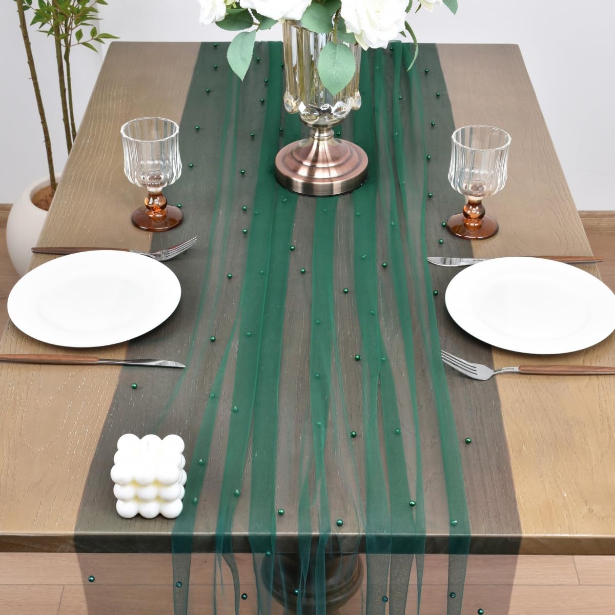 Joanlody Fall Pearl Table Runner 10ft Rustic Boho Tulle Table Runner with Pearls for Baby Shower Wedding Party Veil Dessert Thanksgiving Table Decor Emerald Green 4pcs