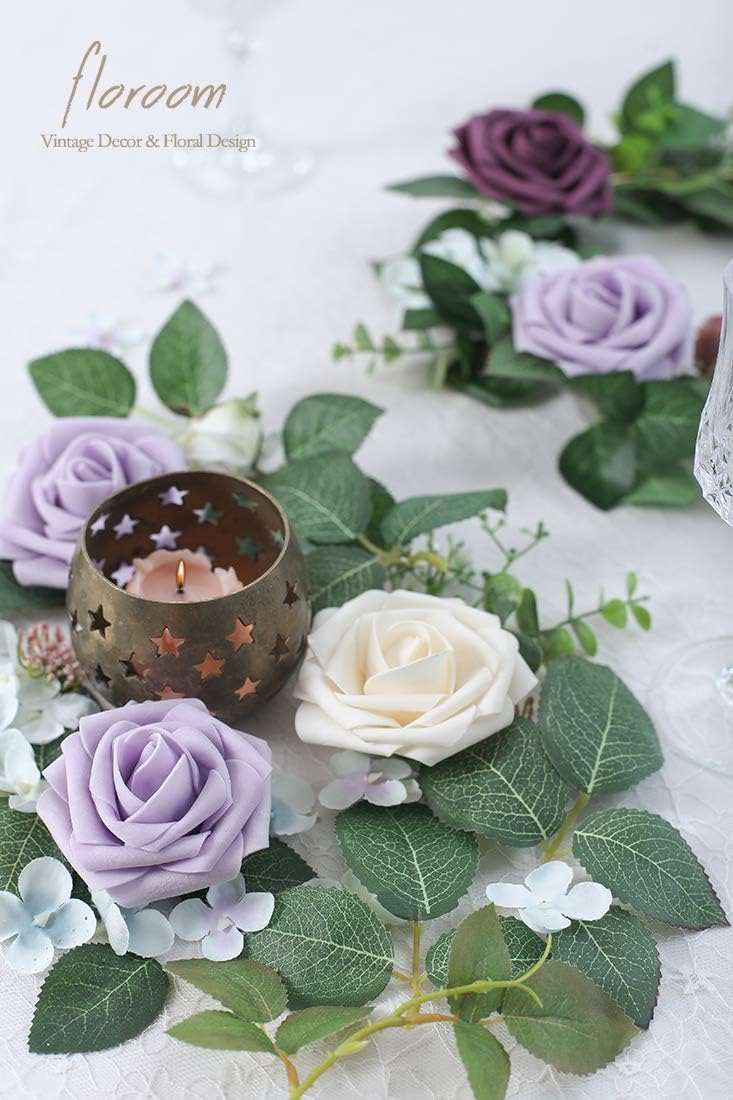 Floroom Artificial Flowers 50pcs Real Looking Lilac Foam Fake Roses with Stems for DIY Wedding Bouquets Baby Shower Centerpieces Floral Arrangements Party Tables Home Decorations