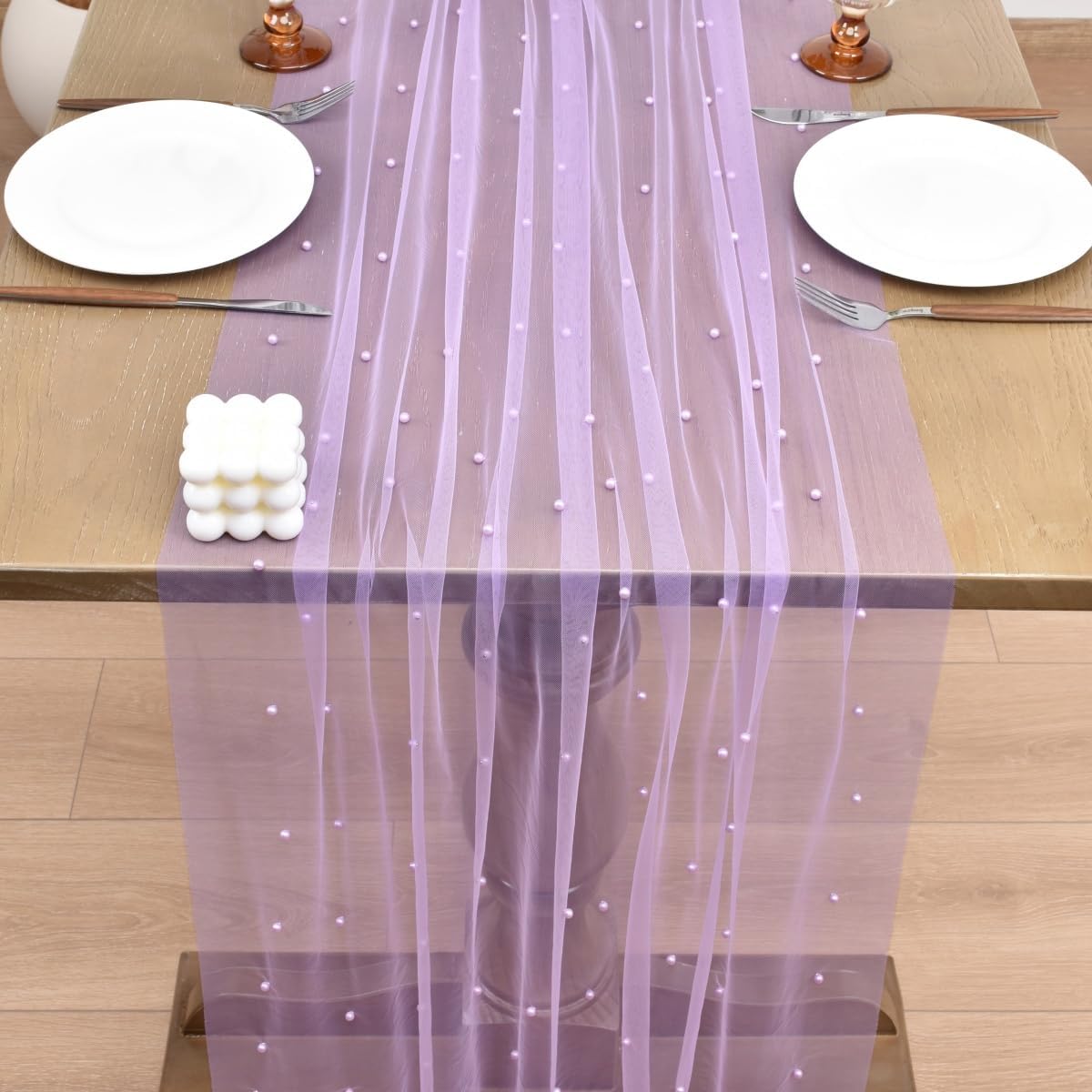 Joanlody Fall Pearl Table Runner 10ft Rustic Boho Tulle Table Runner with Pearls for Baby Shower Wedding Party Veil Dessert Thanksgiving Table Decor Lilac 4pcs
